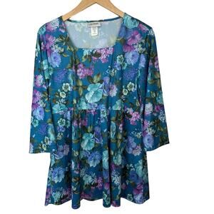 Vintage Hawaiian Floral Top CW Classics Womens Large Blue Square Neck 3/4 Sleeve
